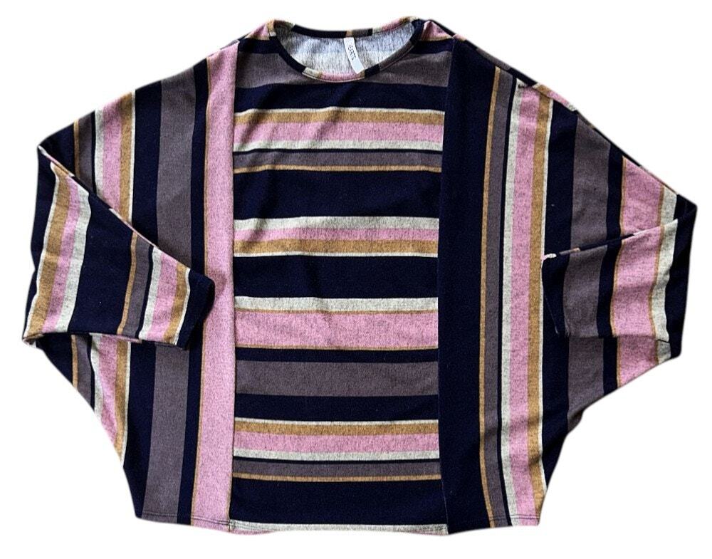 2 Hearts Navy Blue & Pink Striped Dolman Sleeve Knit Top Small